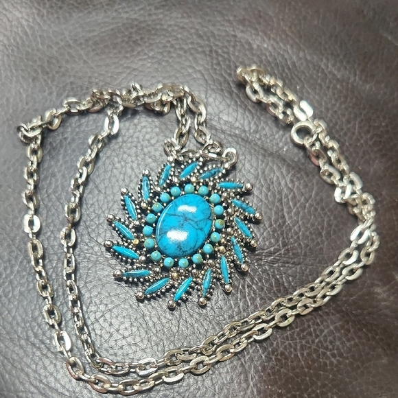 JJ Jonette Jewelry - JJ Jonette Jewelry Co Vintage 70s Silver Tone Faux Turquoise Necklace Signed 24"